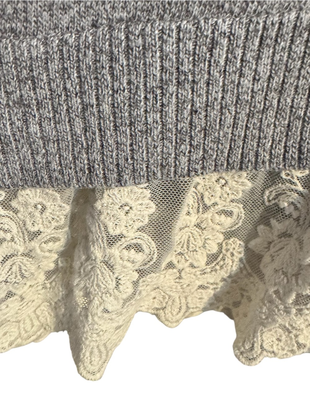 LOGO  Gray Button Front Cardigan with Cream Lace Trim Linen Blend - Picture 7 of 12